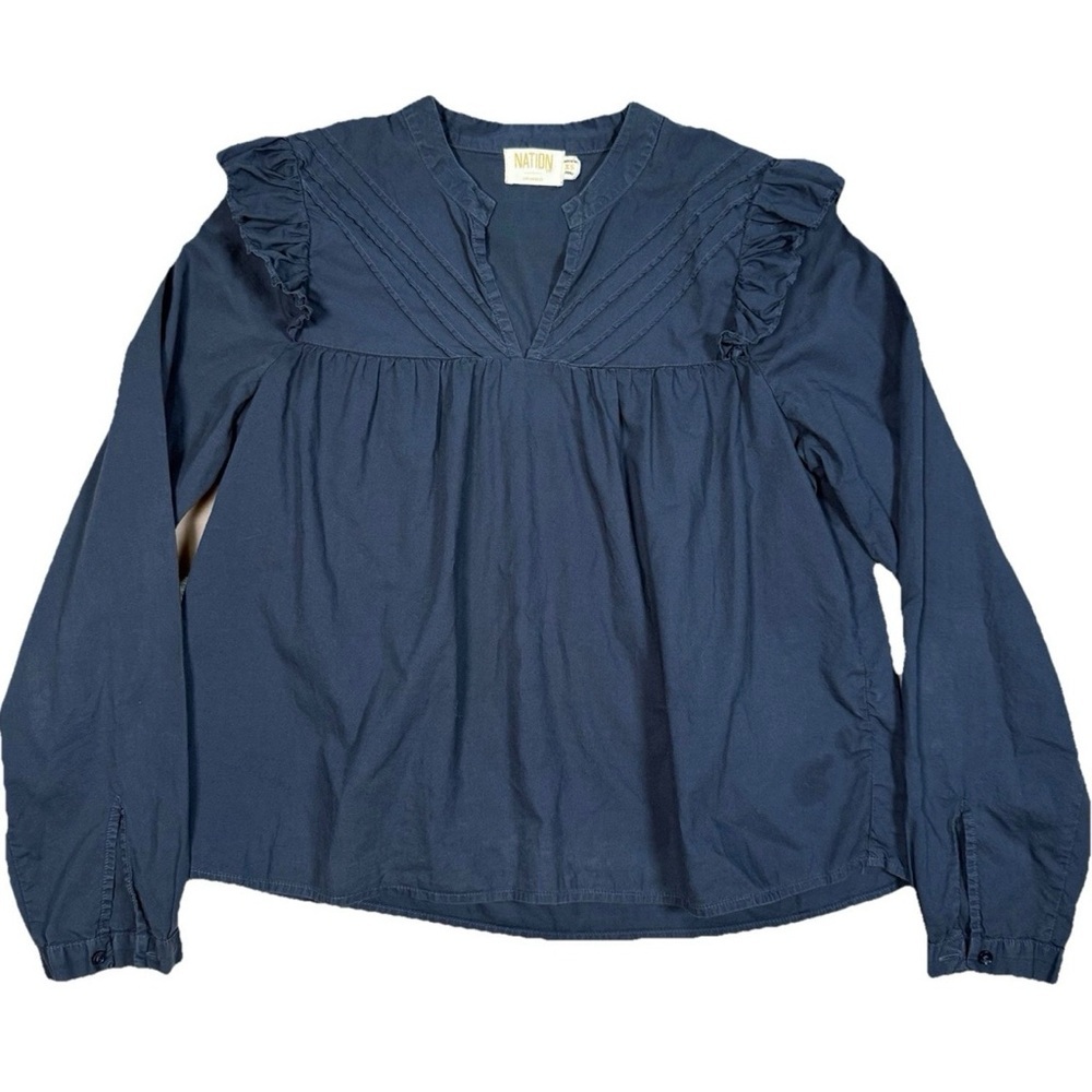 Nation LTD Women's Sz Medium Tilly Ruffle Long Sleeve Blouse Night Horizon Blue - Picture 2 of 6